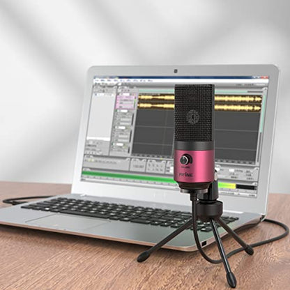 FIFINE USB Microphone, Condenser Podcast Mic with Volume Knob Control, Metal Tripod Stand, USB Cable for Recording, Online Meeting, Streaming, Video Conferencing, PC Desk Microphone-K669 Rose Red | PC Desk Microphone with Volume Knob Control, Metal Tripod