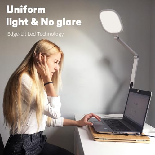 LED Desk Lamp for Home Office, Soft Edge-lit Design, Modern Style | Professional Eye-Caring Diffused Light, Dimmable Computer Light with 30 Modes, Memory & Timer, Flexible Swing Arm Table Lamp - color: White