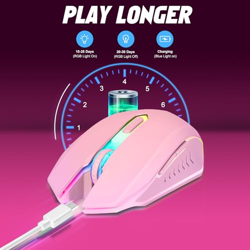 Wireless Gaming Mouse, Rechargeable Computer Mouse, 7-Color LED Light, Ergonomic Mouse with 6 Silent Click Buttons, 3 Adjustable 2400 DPI Wireless Mouse for Laptop,PC,Mac, Pink - color: Pink