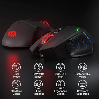 Redragon M690 PRO Wireless RGB Gaming Mouse 8000 DPI Remapping Keys | Cable-Free 0 Delay, Rapid-Fire Macro Keybinds, Vibing Backlight, Ergonomic Grip Body Comfort - style: M690 PRO Black