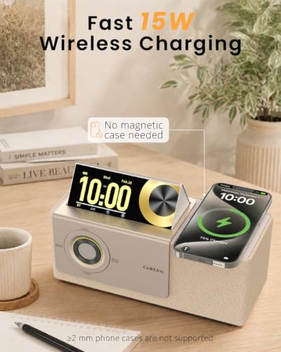 GoldJoy 7 in 1 Bluetooth Speaker Wireless Charging Station for Home Gift | Sound with Punchy Bass, Sunset Lamp & White Noise for Sleep, Smart Flip-Up LCD Display, Clock Syncs Phone's Time and Date - color: Beige