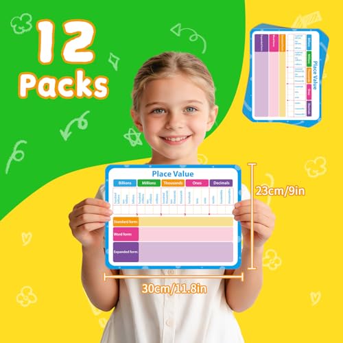12 Pack Double Sided Value Chart Dry Erase Board,12" x 9" Multiplication Flash Cards,Math Manipulatives Small White Board for Kids,Math Games Chart for Preschool Learning,Homeschool Essentials - style: Place Value