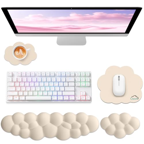 Sushret Cloud Wrist Rest for Computer Keyboard and Mouse Pad Set, Beige | Memory Foam, Leather, 4-in-1 Cloud Keyboard Wrist Rest Set with Ergonomic Support for Arm and Palm Cushion, Gaming/Work Setup - color: 09 Beige Set, size: Tenkeyless