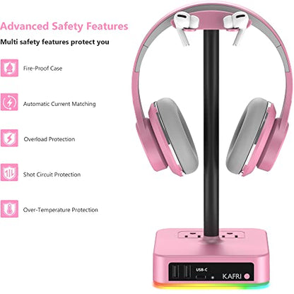KAFRI RGB Headphone Stand with USB Charger Desk Gaming Headset Holder Hanger Rack with 3 USB Charging Port and 2 Outlet - Suitable for Gamer Desktop Table Game Earphone Accessories Girlfriend Gift - color: Pink
