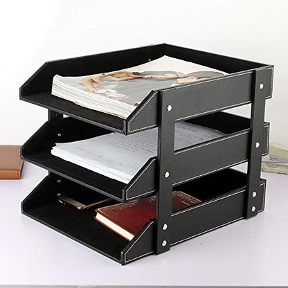 Leather Desk File Organizer, 3-Layer Stackable Tray, Used to Store documents, folders, Stationery, Magazines, Newspapers, Letters, and Other Home Office Sundries Desktop Organization Holder(Black)… - color: Black