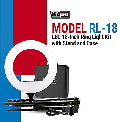Vidpro RL-18 LED 18-Inch Ring Light Kit with Stand and Case - 55W Dimmable 3200-5600K Variable Color Control Ring Light Set Compatible with Most Cameras and Smartphones Perfect for Photography Live