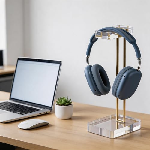 Acrylic Headphone Stand for Desk, Crystal Clear Headset Holder with Gold Metal Accent, Stable Non-Slip Base, Universal Gaming Headphone Hanger for PC Setup, Office & Home Desk Accessories - color: Gold