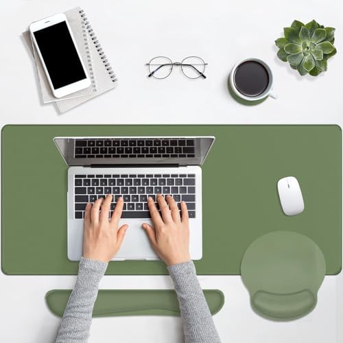 Britimes Olive Green Keyboard Mouse Pad Set 4in1 Large Mousepad+Keyboard Wrist Rest+Mouse Wrist Rest+Coaster Ergonomic Design for Home Office Computer 35.4x15.7Inches - color: Olive Green