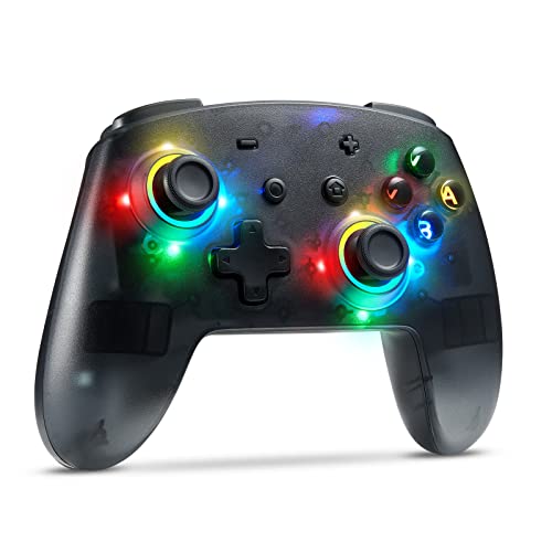 Switch Controller, 9 LED Colors, Pro Controller Compatible with Switch/Switch Lite, Wireless Gamepad with Back Buttons/Programmable/Motion Control/Dual Vibration/Turbo/Transparent