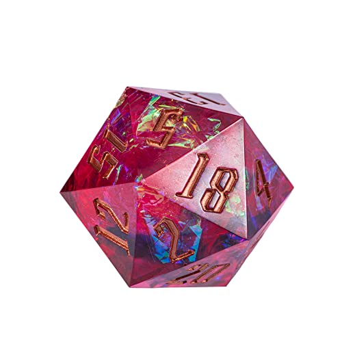 Cusdie Single D20 DND Dice with Sharp Edges and Glitter Foil Inclusions, 20 Sided D&D Dice, 33mm Handcrafted, for Role Playing Game(Rose Red/B) - color: Rose Red