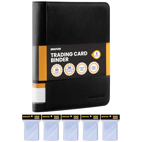 9 Pocket Trading Card Binder with 500 Card Sleeves, 26 Side-Loading Pages Hold 468 Trading Cards, Black PU Cover Zip Card Collection Binder with Side Label, MTG, TCG, Game Cards, Sport Cards Organizer