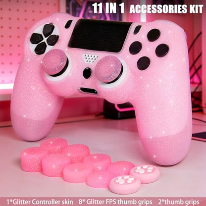 Pink Glitter Anti-Slip Protective Silicone Cover Skin Grips Compatible with PS4/Slim/Pro Controller,8 PCS Glitter Thumb Grips Caps and 2 Grips Caps. (Glitter Pink) - color: Glitter Pink