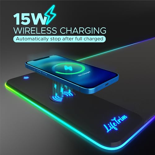 LifeTrim RGB Gaming Mouse Pad with Wireless Charging 15W, LED Mousepad 35.5x12 Inch XXL Large Desk Mat, 10 Light Modes, 4mm Thick Non-Slip Waterproof Keyboard Pad for PC MacBook Laptop, Gamer Gift