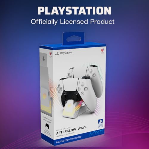 PDP Afterglow Wave Dual Charger for PS5, PS4, PlayStation Controllers | Customizable RGB Lighting, Charges 2 DualSense Controllers, Rechargeable 40-Hr Battery, Licensed for PlayStation 5 & 4, White - color: White, style: PlayStation