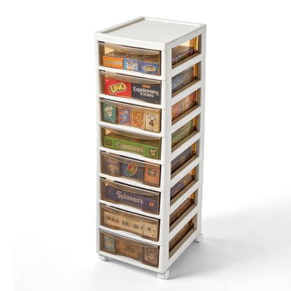 Board Game Storage Cabinet - Plastic Clear Storage Containers, 8-Tier Large Capacity, with Individual Pull-Out Drawers, Lockable Wheels Casters, Ideal for Card Game Boxes and Standard-Size Board Games