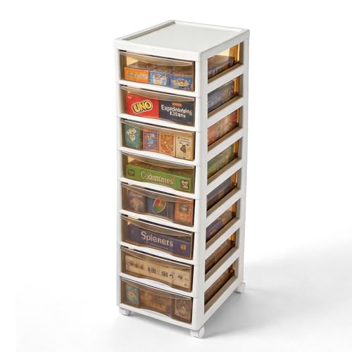 Board Game Storage Cabinet - Plastic Clear Storage Containers, 8-Tier Large Capacity, with Individual Pull-Out Drawers, Lockable Wheels Casters, Ideal for Card Game Boxes and Standard-Size Board Games