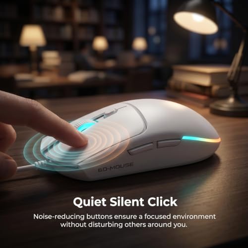 Wired Gaming Mouse RGB, 50g Lightweight Silent USB Mouse -White | 4 DPI Levels Up To 2400, Silent Clicks, Ergonomic Design, RGB Lighting, USB Plug & Play for PC Laptop Desktop Computer Mac