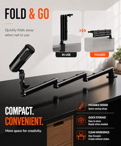 Low Profile Mic Arm for Lightweight Mics, Foldable Boom Arm with Desk Clamp, Mic Clip & 1/4" 3/8" 5/8" Adapters, 360° Metal Ball Head for Podcasting, Streaming & Gaming