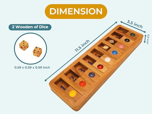 BSIRI Classic Shut The Box Game Wooden 12 Numbers with Math Lover Player Wood Box of Brain Teaser Puzzles Single Player Original Wood Dice and Close flip Number Board Games Adults Travel Mini Size - style: Shut the Box Game