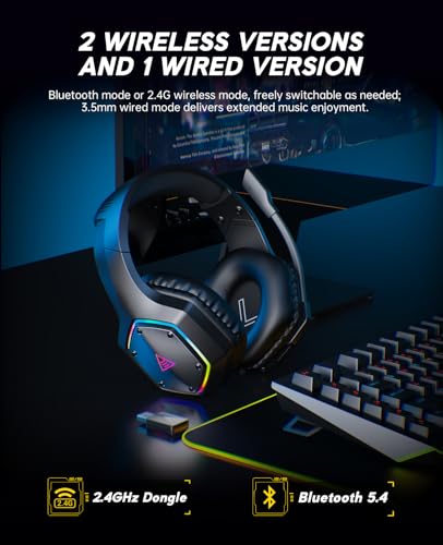 EKSA 2.4GHz Wireless Gaming Headset for PS5,PS4,PC,Switch,Mobile,Mac, Bluetooth Gaming Headphones with ENC Microphone, RGB, 20ms Latency, 120H Battery, 7.1 Surround Sound, 3.5mm Cable Black Silver