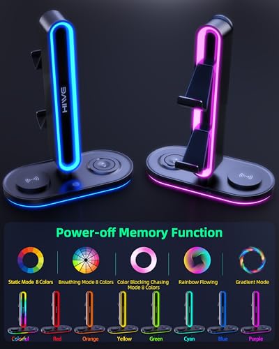 Headphone Stand, Dual Controller Holder, MagSafe Charger for iPhone/iWatch | RGB Gaming Headset Stand for All Headphones, Dual Outputs, ABS Solid Base, Adapter Included, Table Desk Organizer - color: Black with RGB
