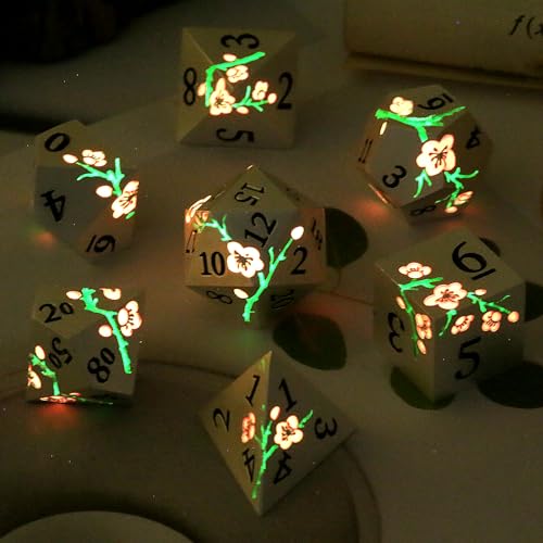 Metal DND Dice, DNDND 7 PCS Glow in The Dark Metallic D&D Dice Set with Gorgeous Gift Case for Dungeons and Dragon Tabletop Game (Glow in The Dark Pink) - color: Flower Glow Pink
