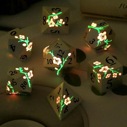 Metal DND Dice, DNDND 7 PCS Glow in The Dark Metallic D&D Dice Set with Gorgeous Gift Case for Dungeons and Dragon Tabletop Game (Glow in The Dark Pink) - color: Flower Glow Pink