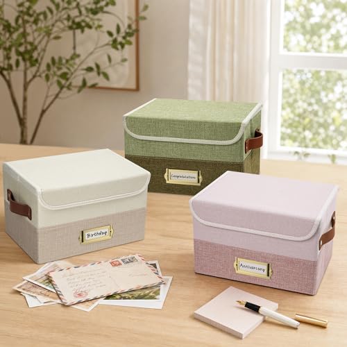 Vienrose Greeting Card Organizer Box, Foldable Storage Box with 20 Removable Dividers and 84 Self-Adhesive Labels, Card Box for Greeting Cards Photos Envelopes Stickers Postcards, Beige & Khaki - color: Beige & Khaki