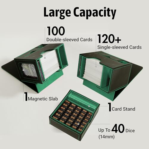 MTG Deck Box for Commander with Dice Tray - Card Deck Box Fits 100 Double-Sleeved Cards & 35PT Card Brick with Commander Display & Magnetic Holder for TCG/CCG Games(Black/Green) - color: Black Green
