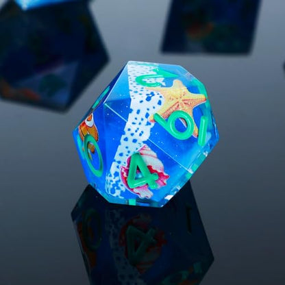 DND Dice Set 7-Pcs Sharp Edge Blue Marine Life Style Resin Dice Polyhedron Resin Sharp Edge dice Role-Playing Game RPG MTG Board Game (Marine Life - Green) - color: Marine Life - Green
