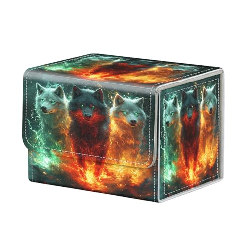 Wolf Fire Magic for MTG Deck Box, 100+ Double Sleeved Card Storage Case, PU Leather Commander Deck Case for TCG Magic Yugioh, Magnetic Closure - color: Wolf Fire Magic