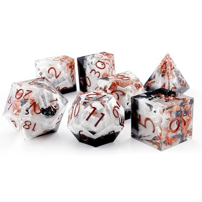 Haxtec Earth Landscape DND Dice Set Sharp Edge Resin Polyhedral Dice, Black D&D Dice with Metal Case, Handmade Gold Flake Inside Dice Set for Dungeons and Dragons TTRPG, Black White Copper DND Gift - color: Black White