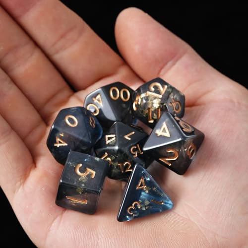 Midnight Abyss Resin Dice Set for DND – 7pc Polyhedral Set with Gold Foil – Stunning and Cool RPG Dice for Dungeons & Dragons, and Other TTRPGs – Unique Natural Distribution - color: Midnight Abyss