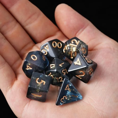 Midnight Abyss Resin Dice Set for DND – 7pc Polyhedral Set with Gold Foil – Stunning and Cool RPG Dice for Dungeons & Dragons, and Other TTRPGs – Unique Natural Distribution - color: Midnight Abyss