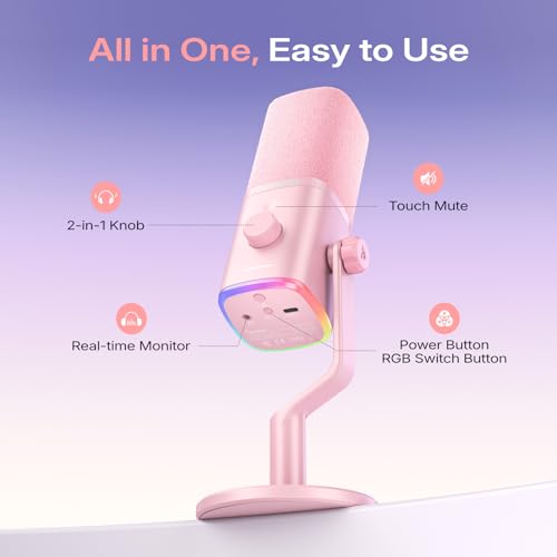 MAONO PD100W Wireless USB Dynamic Microphone, Gaming PC Mic with One-Click Noise Reduction,Mute Button,Custom RGB,3.5mm Headphone Jack,Software, Podcast Streaming Mic (Desktop(USB-C Receiver), Pink) - color: Pink