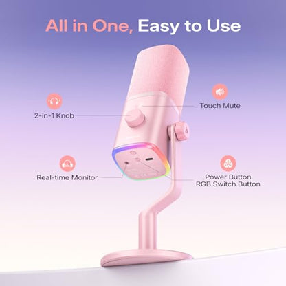 MAONO PD100W Wireless USB Dynamic Microphone, Gaming PC Mic with One-Click Noise Reduction,Mute Button,Custom RGB,3.5mm Headphone Jack,Software, Podcast Streaming Mic (Desktop(USB-C Receiver), Pink) - color: Pink