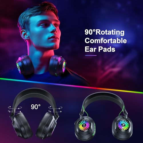 Vakedy Wireless Gaming Headset with Mic for PS5, PS4, PC, Switch, Mac, 2.4GHz & BT Gaming Headphones, 50H Battery, 24ms Low Latency for Fortnite & Call of Duty/FPS Gamers, RGB Lights, Black | 2.4GHz & BT Gaming Headphones, 50H Battery and Noise Canceling