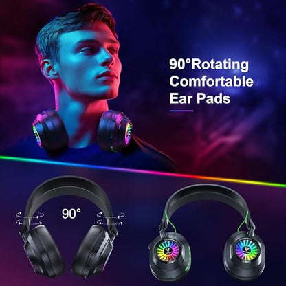 Vakedy Wireless Gaming Headset with Mic for PS5, PS4, PC, Switch, Mac, 2.4GHz & BT Gaming Headphones, 50H Battery, 24ms Low Latency for Fortnite & Call of Duty/FPS Gamers, RGB Lights, Black | 2.4GHz & BT Gaming Headphones, 50H Battery and Noise Canceling