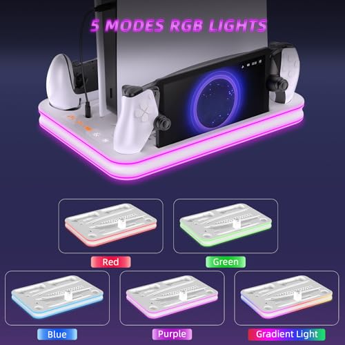 PS5 Pro/PS5/Slim/Stand and Cooling Station with LED,Charging Station for PlayStation Portal & PS5 Controller, Headset and Remote Holders (White) - color: White