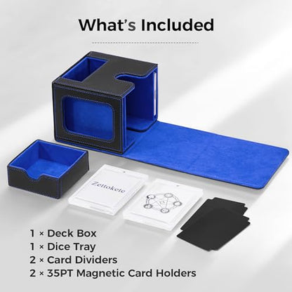 MTG Commander Deck Box with Dual Display Windows and Dice Tray | Fits 100 Double-Sleeved Cards, PU Leather, 2 Magnetic Card Holders, 2 Dividers, Black & Blue - color: 2. Black & Blue