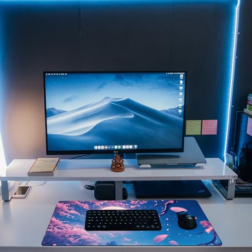 Large Gaming Mouse Pad for Desk, Falling Cherry Blossoms Desk Mat, Bright Full Moon Desk Pad, 31.5"x15.7" Extended Big Computer Keyboard Mouse Pad with Non-Slip Base and Stitched Edge - color: Falling Cherry Blossoms