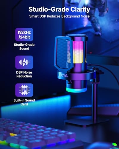 BOYA USB Gaming Microphone, 192kHz/24bit, Supercardioid + ENC Noise Cancellation, Touch Mute, 9 RGB Effects, Gain Knob, Monitor Jack, Microphone for PC/PS4/PS5/Mac/Android/iOS/Streaming/Podcasting - size: Stand Version