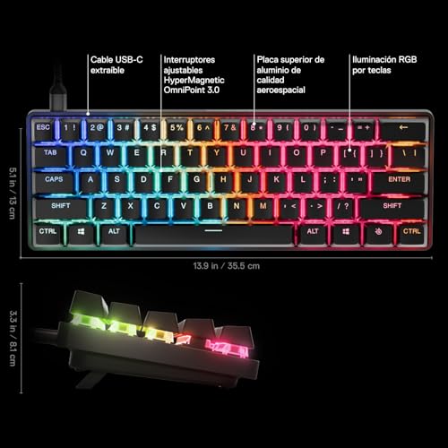 SteelSeries Apex Pro Mini Gen 3 OmniPoint 3.0 HyperMagnetic Switches — Adjustable Actuation — Rapid Trigger — Game-Ready Presets — Protection Mode — Rapid Tap/SOCD — RGB — PBT Keycaps — USB-C - color: Black, size: Pro Mini 60%, style: Gen 3 Wired