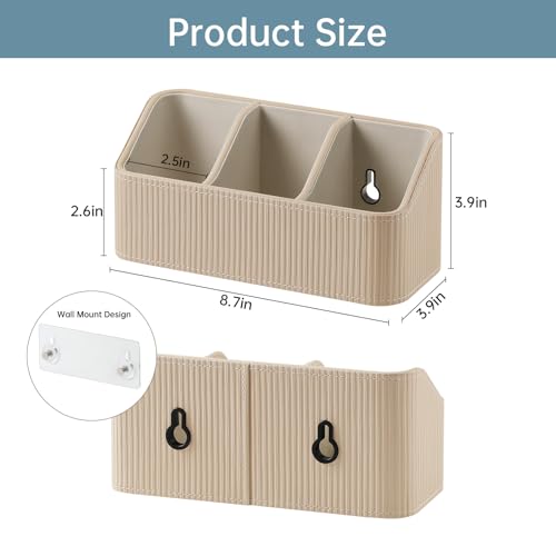 No Drill PU Leather Wall Remote Holder, 3 Compartments Storage Caddy for TV AC Remotes, Pens, Eyeglasses, Home Bedroom Bathroom Office (Stylish Beige Fine Ribbed) - color: Stylish Beige Fine Ribbed