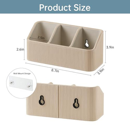 No Drill PU Leather Wall Remote Holder, 3 Compartments Storage Caddy for TV AC Remotes, Pens, Eyeglasses, Home Bedroom Bathroom Office (Stylish Beige Fine Ribbed) - color: Stylish Beige Fine Ribbed