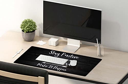 Extended Gaming Mouse Pad (35.5x15.7 in), Stay Positive Work Hard and Make It Happen Inspirational Quotes Art Rustic Black Old Wood White Quote Large Stable Rubber Base Mousepad with Stitched Edges - color: Stay Positive Quote