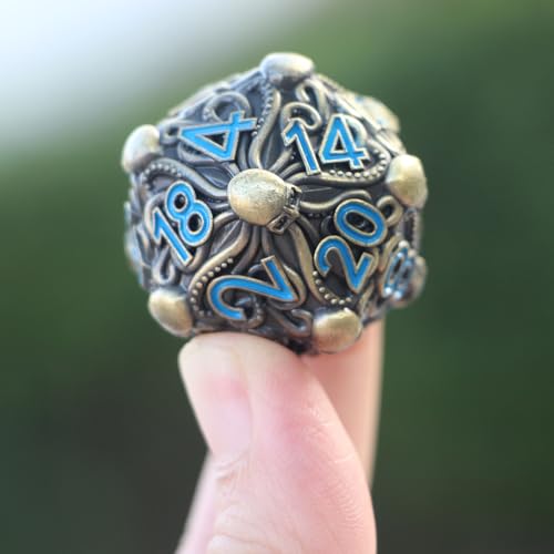 Big Octopus Metal D20 Dice - Solid Antique Bronze Finish with Blue Numbers Die, for Cthulhu Mythos, Tabletop RPGs -DNDWoW BZQB - color: Antique Octopus Dice in Blue Numbers