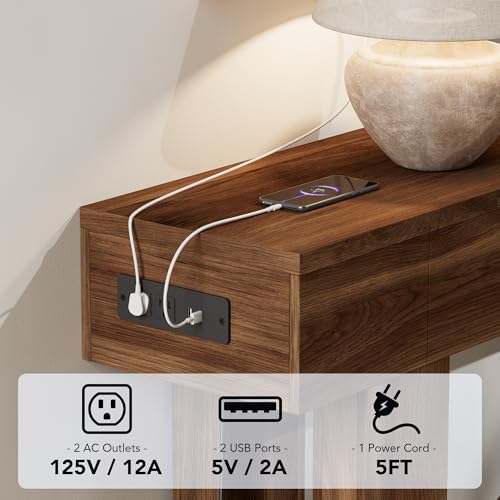 63 Inch Long Console Table w/Outlets & USB Ports, Narrow Rectangular Sofa Table Behind The Couch, Farmhouse Entryway Table for Entrance, Hallway, Living Room(Brown with Outlet) - color: Brown, style: With Socket
