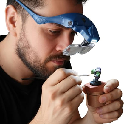 FOXBITE LED Magnifier Glasses for Miniature Painting – 5 Lenses, Dual-Brightness Light, Rechargeable Headset with Glasses or Headband Option – Hobby Tool for Warhammer, D&D, Model Kits