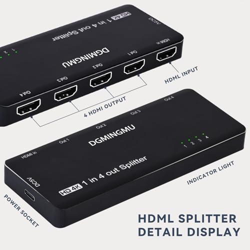4K HDMI Splitter 1x4 - Ultra HD 1 Input 4 Output Powered HDMI Duplicator/Splitter, Mirror One Screen to Four TVs or Monitors Simultaneously | Plug & Play for Business & Home(4K 1x4)